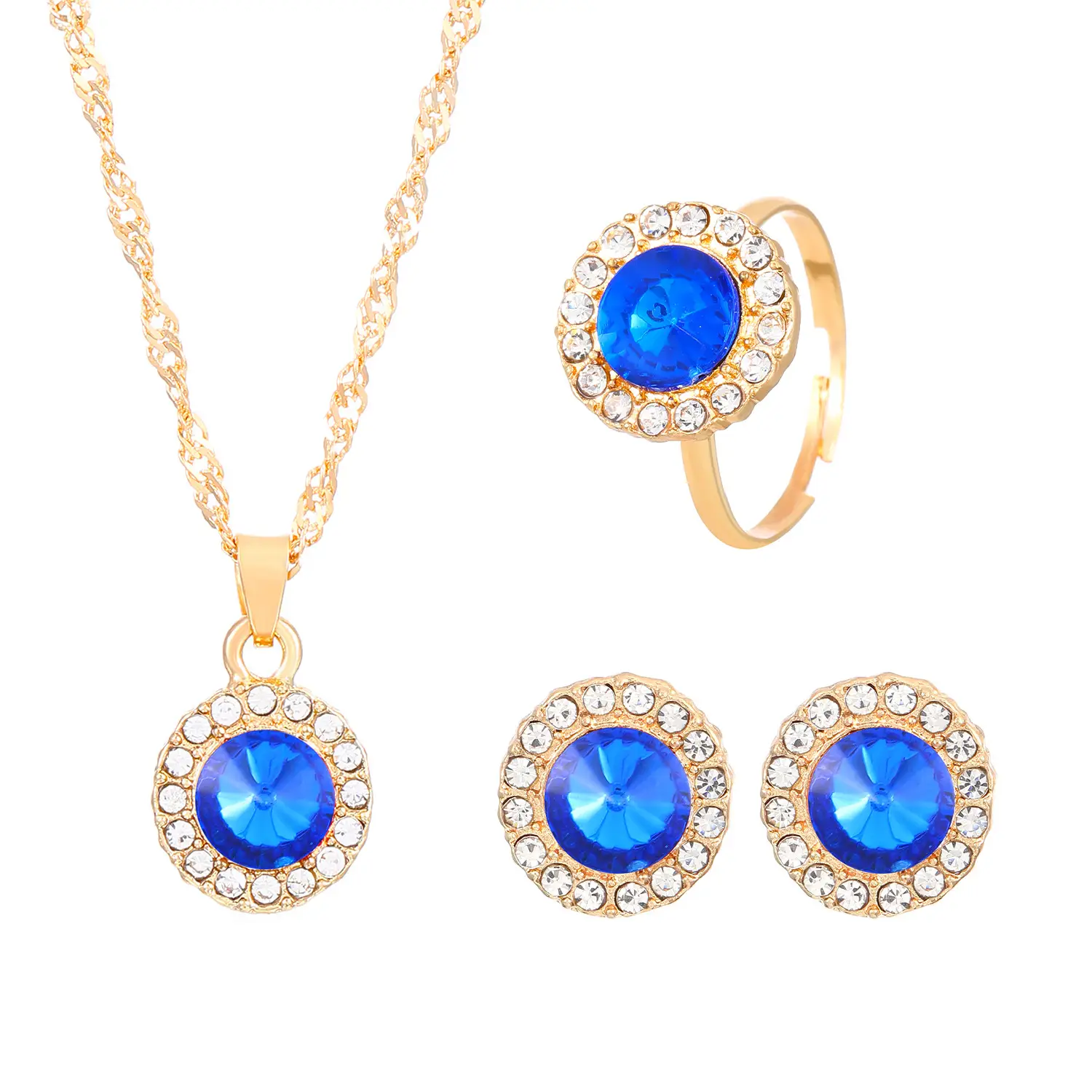 Blue Crystal Water Drop Necklace Set for Women