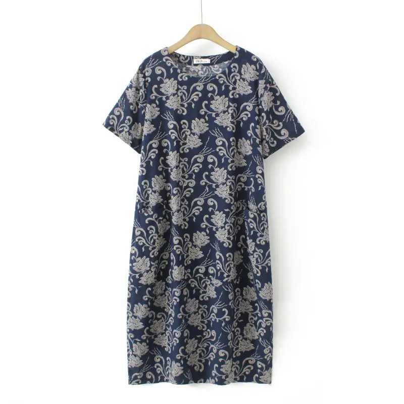 Women Printed Long Skirt Dress Navy Blue 2023 Summer Cotton Linen - Image 3