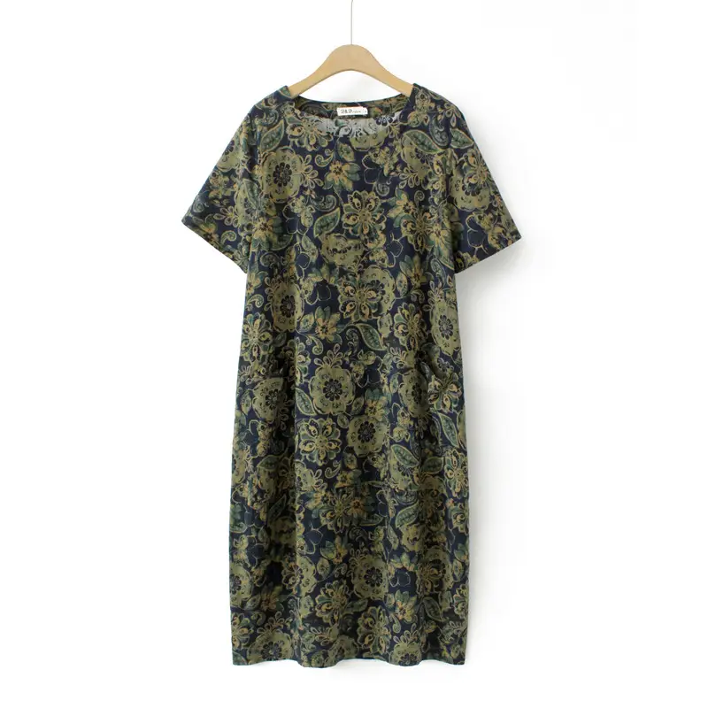 Women Printed Long Skirt Dress Navy Blue 2023 Summer Cotton Linen - Image 2