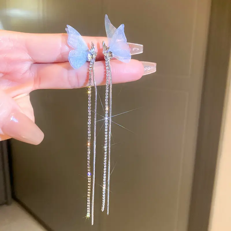 Blue Butterfly Earrings with Long Tassel Design