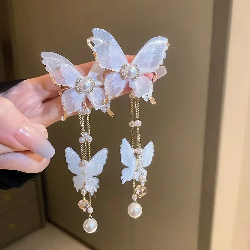 Blue Butterfly Earrings with Long Tassel Design