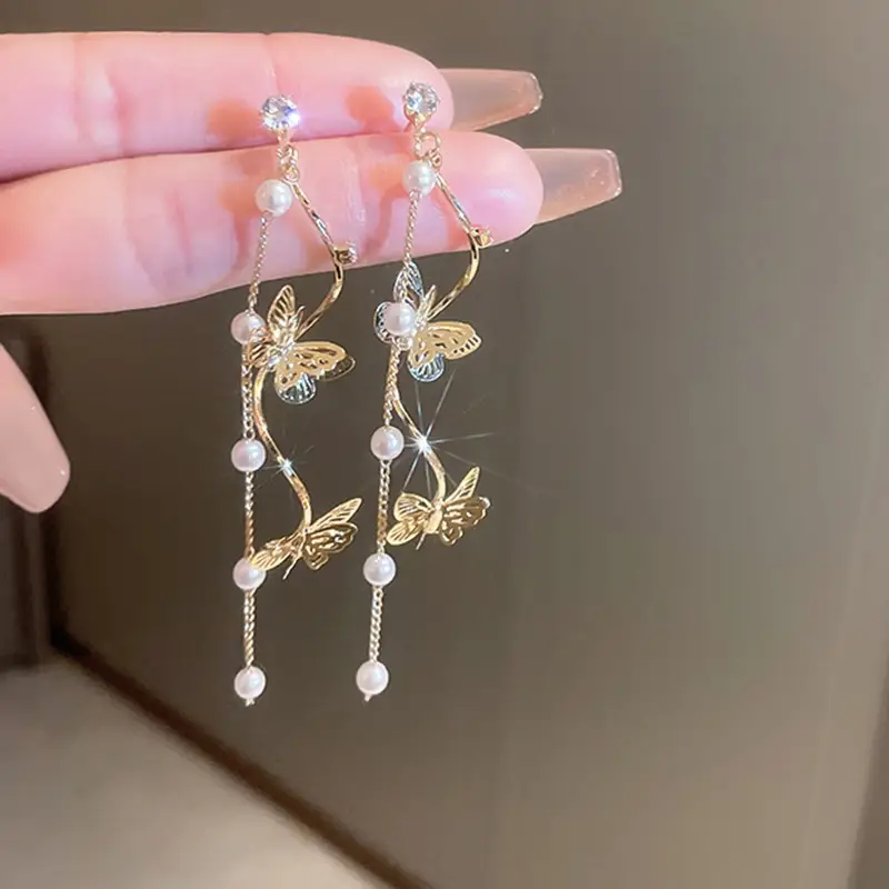 Blue Butterfly Earrings with Long Tassel Design
