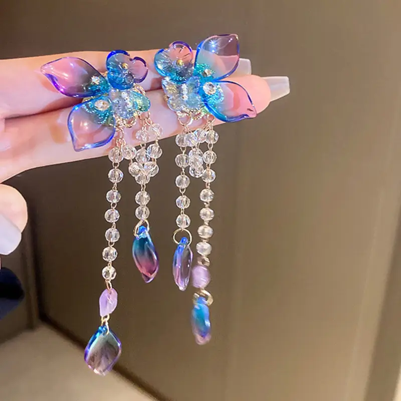 Blue Butterfly Earrings with Long Tassel Design