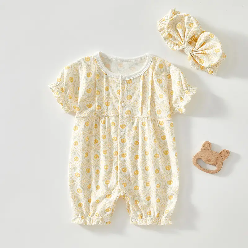 Baby Cotton Jumpsuit with Hair Band Summer Pajamas - Image 6