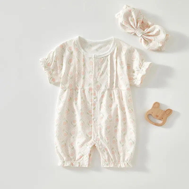 Baby Cotton Jumpsuit with Hair Band Summer Pajamas - Image 7