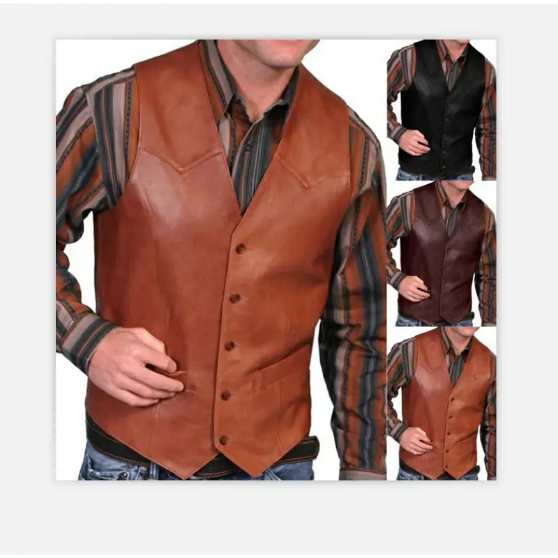 2023 Men's Leather Single Breasted Vest Brown - Image 26
