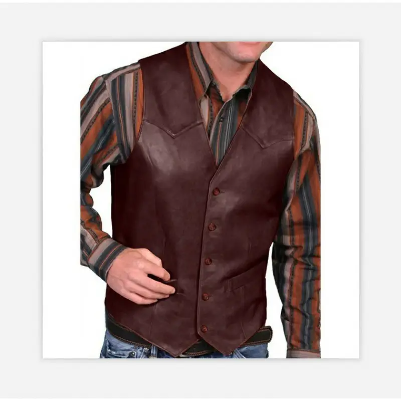 2023 Men's Leather Single Breasted Vest Brown - Image 28