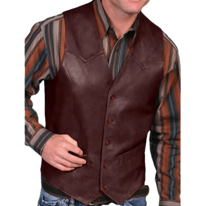 2023 Men's Leather Single Breasted Vest Brown - Image 29