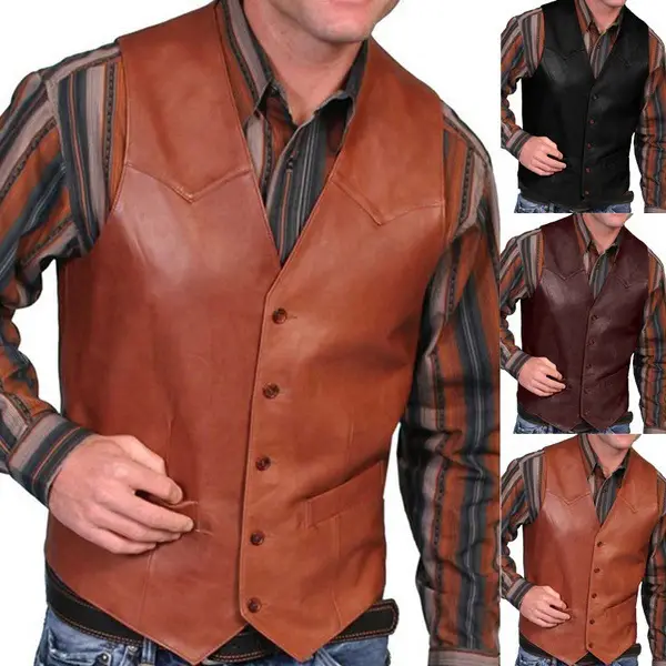 2023 Men's Leather Single Breasted Vest Brown — feature 2