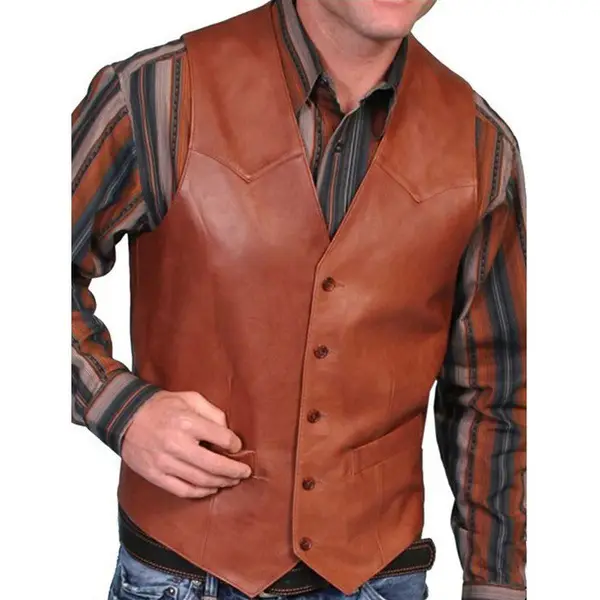 2023 Men's Leather Single Breasted Vest Brown — feature 3