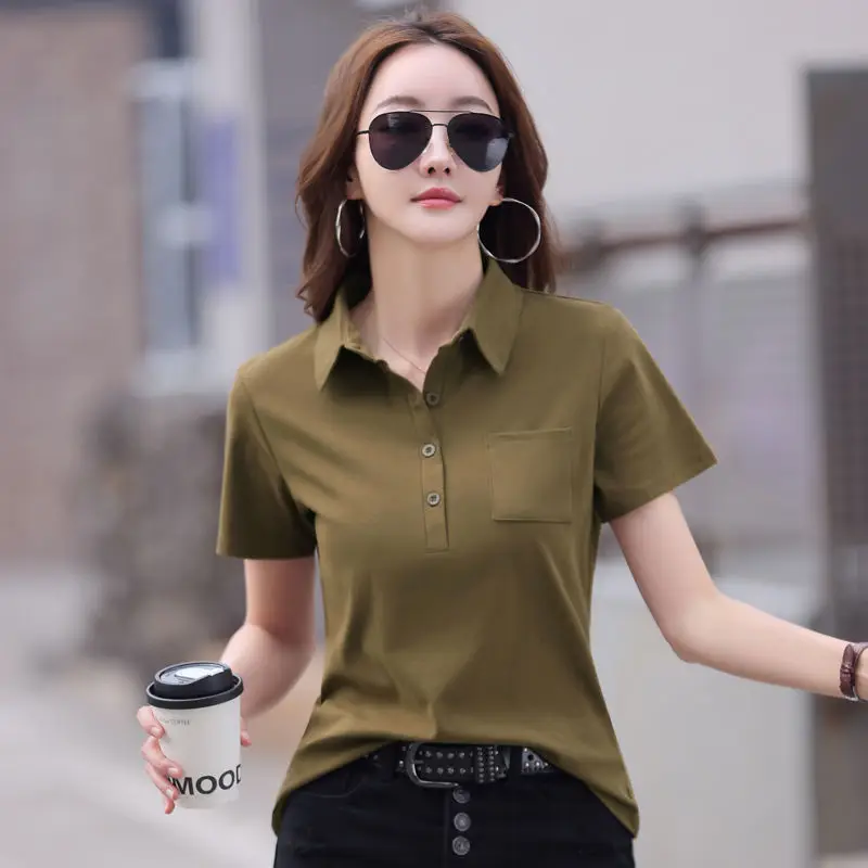 Green Cotton Polo T-Shirt Summer New Fashion - Image 2