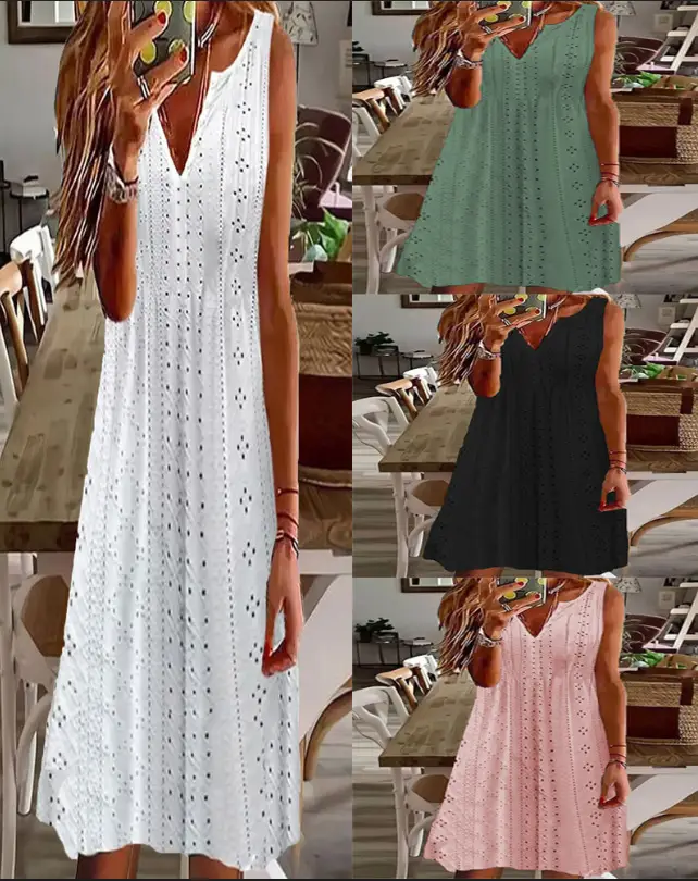 2023 Women's V-Neck Sleeveless Pink Jacquard Dress - Image 6