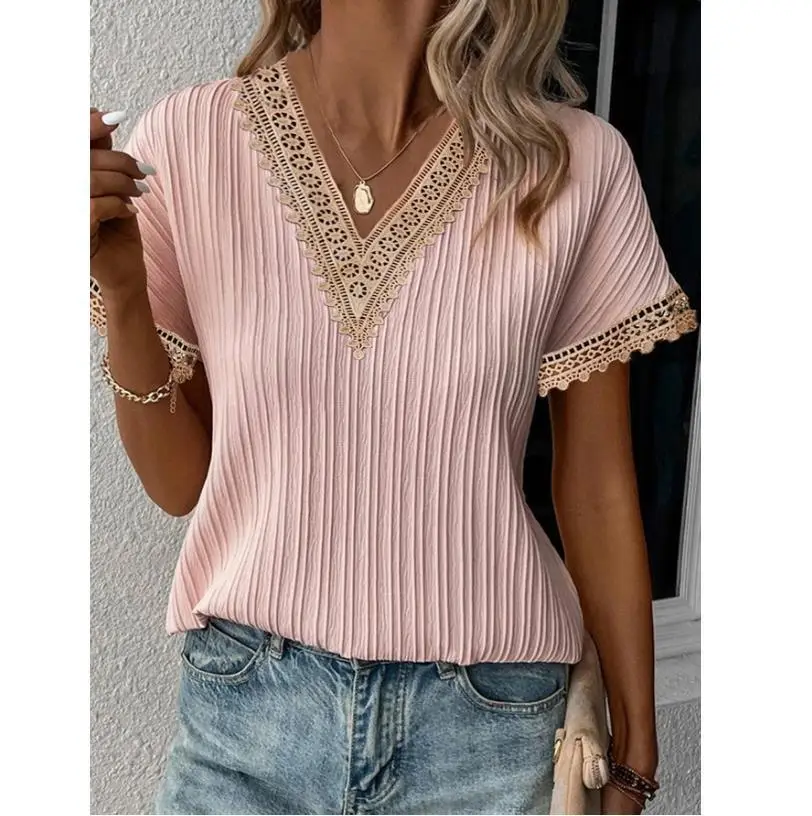 Women V-neck lace T-shirt pink striped summer 2023 - Image 2