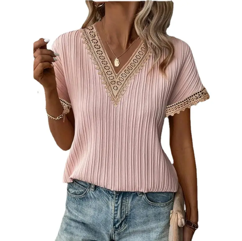 Women V-neck lace T-shirt pink striped summer 2023 - Image 6