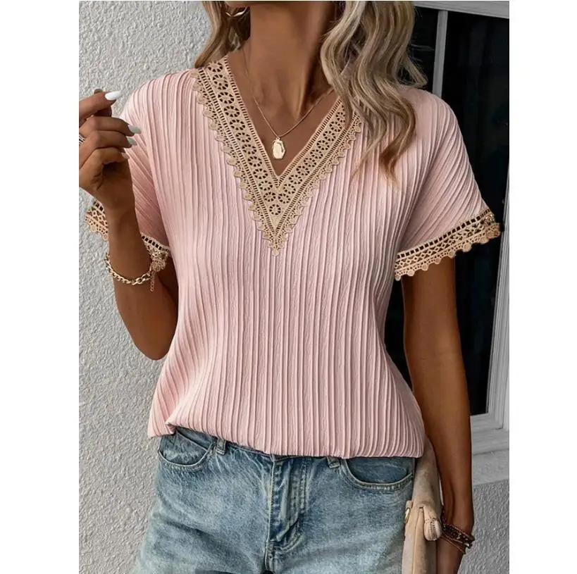 Women V-neck lace T-shirt pink striped summer 2023 — feature 7