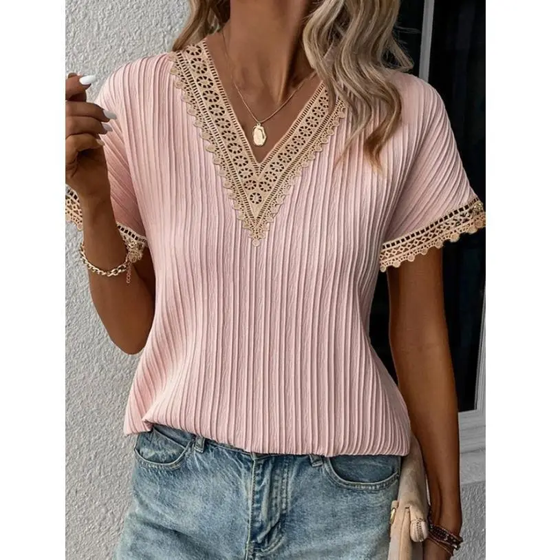 Women V-neck lace T-shirt pink striped summer 2023 — feature 8