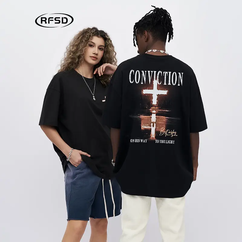 Men Black Cross Printed T-Shirt 230g Cotton - Image 2
