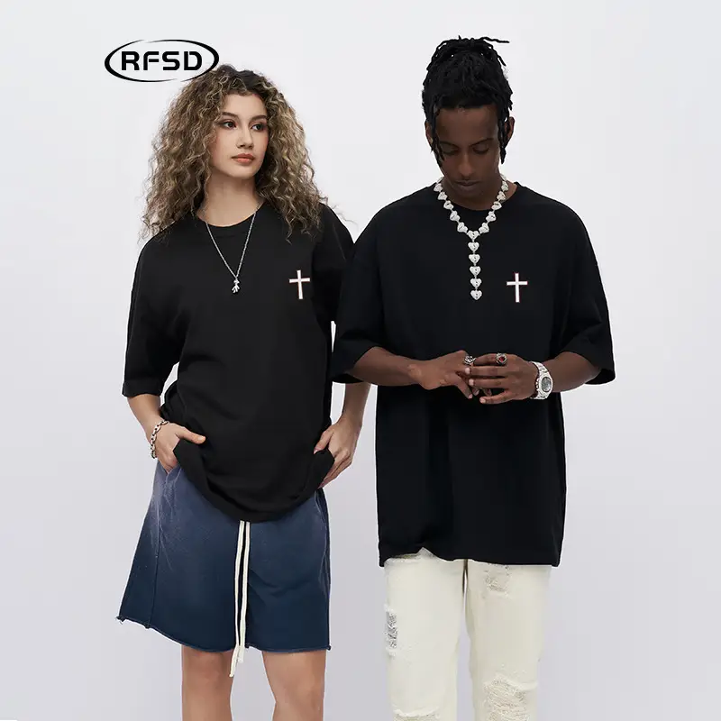Men Black Cross Printed T-Shirt 230g Cotton - Image 3