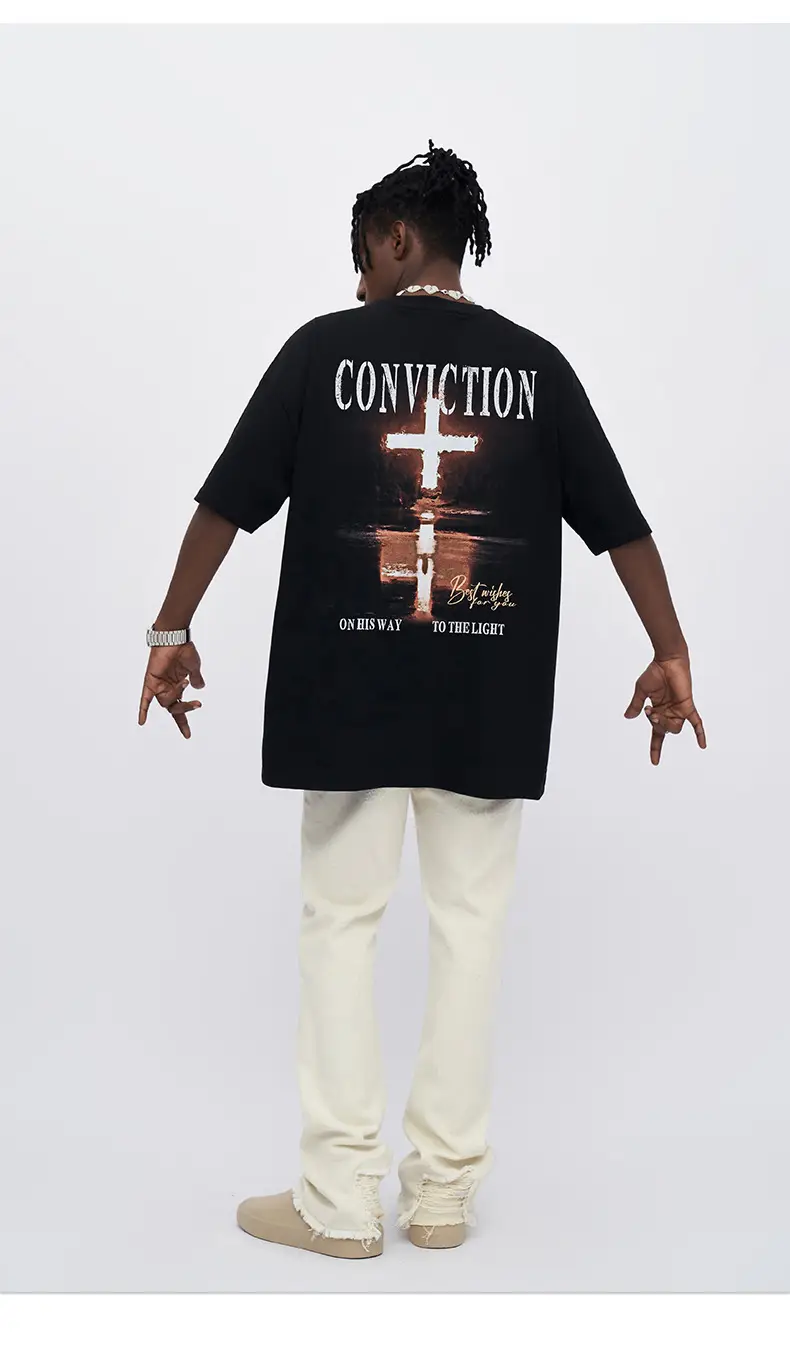 Men Black Cross Printed T-Shirt 230g Cotton — feature 10