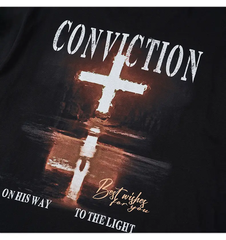 Men Black Cross Printed T-Shirt 230g Cotton — feature 14
