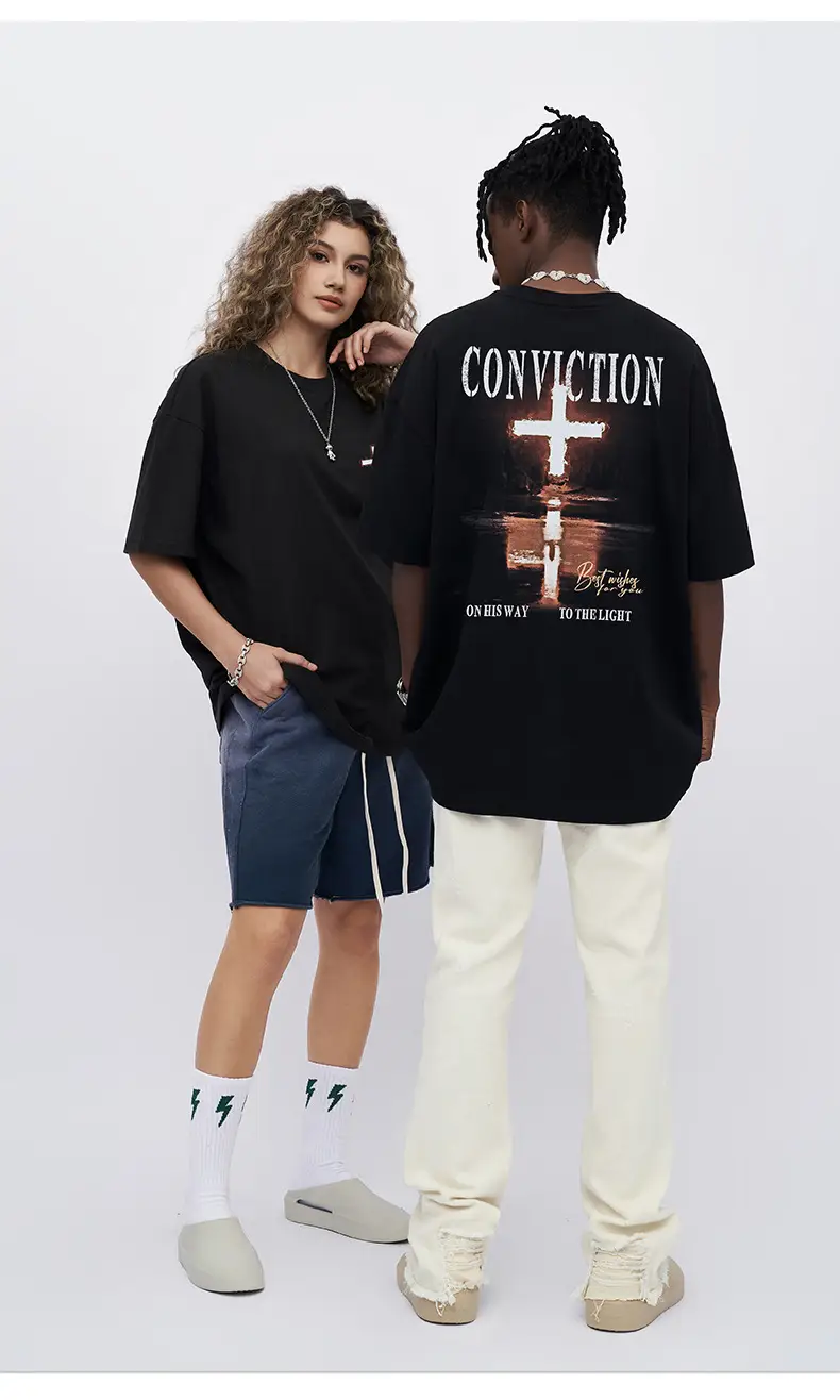Men Black Cross Printed T-Shirt 230g Cotton — feature 6