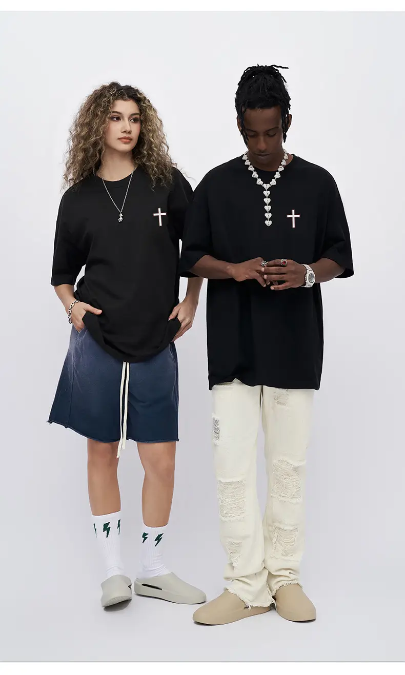 Men Black Cross Printed T-Shirt 230g Cotton — feature 7