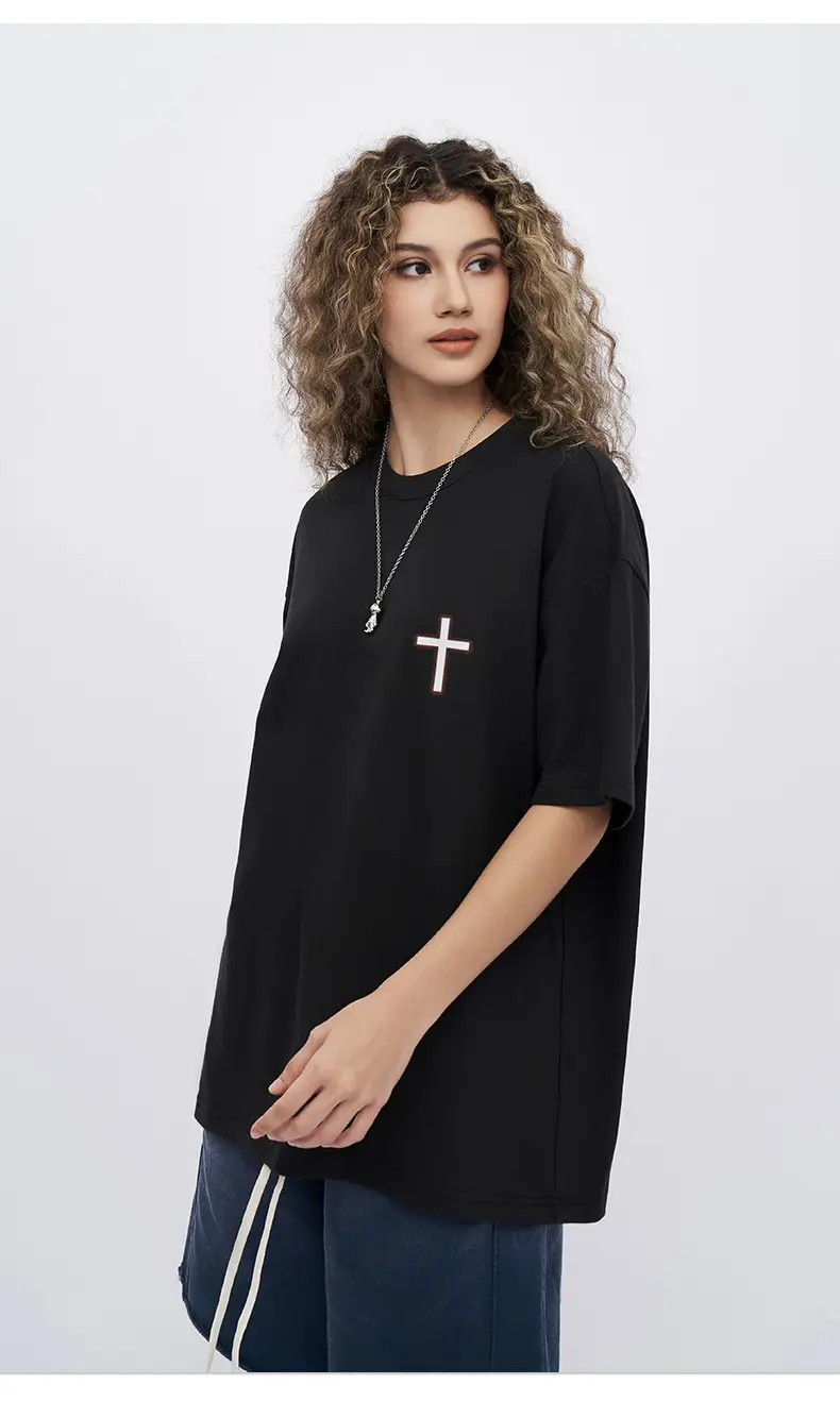 Men Black Cross Printed T-Shirt 230g Cotton — feature 8