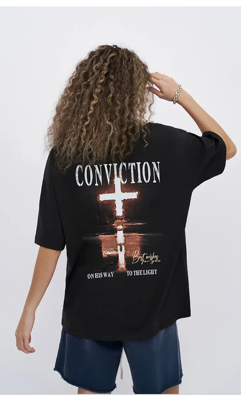 Men Black Cross Printed T-Shirt 230g Cotton — feature 9