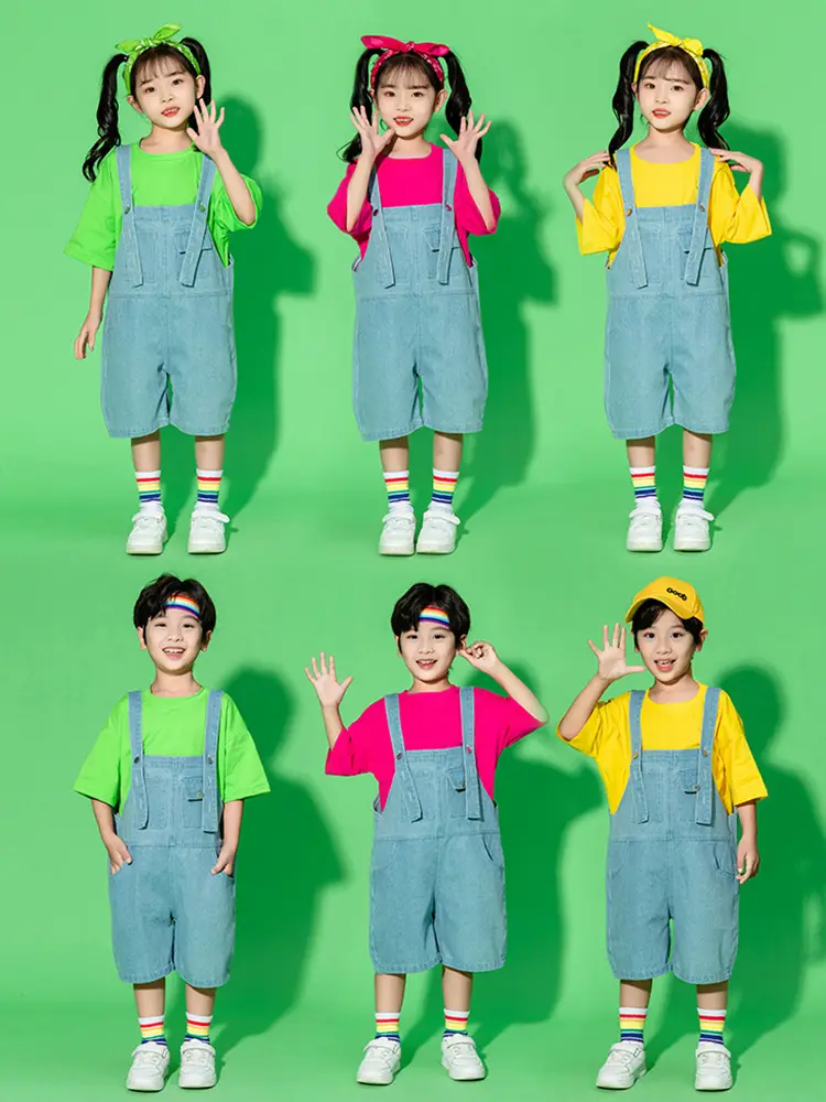 Children's Hip Hop Overalls Set Purple T-Shirt Blue Shorts — feature 1