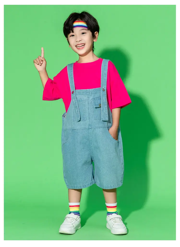 Children's Hip Hop Overalls Set Purple T-Shirt Blue Shorts — feature 18