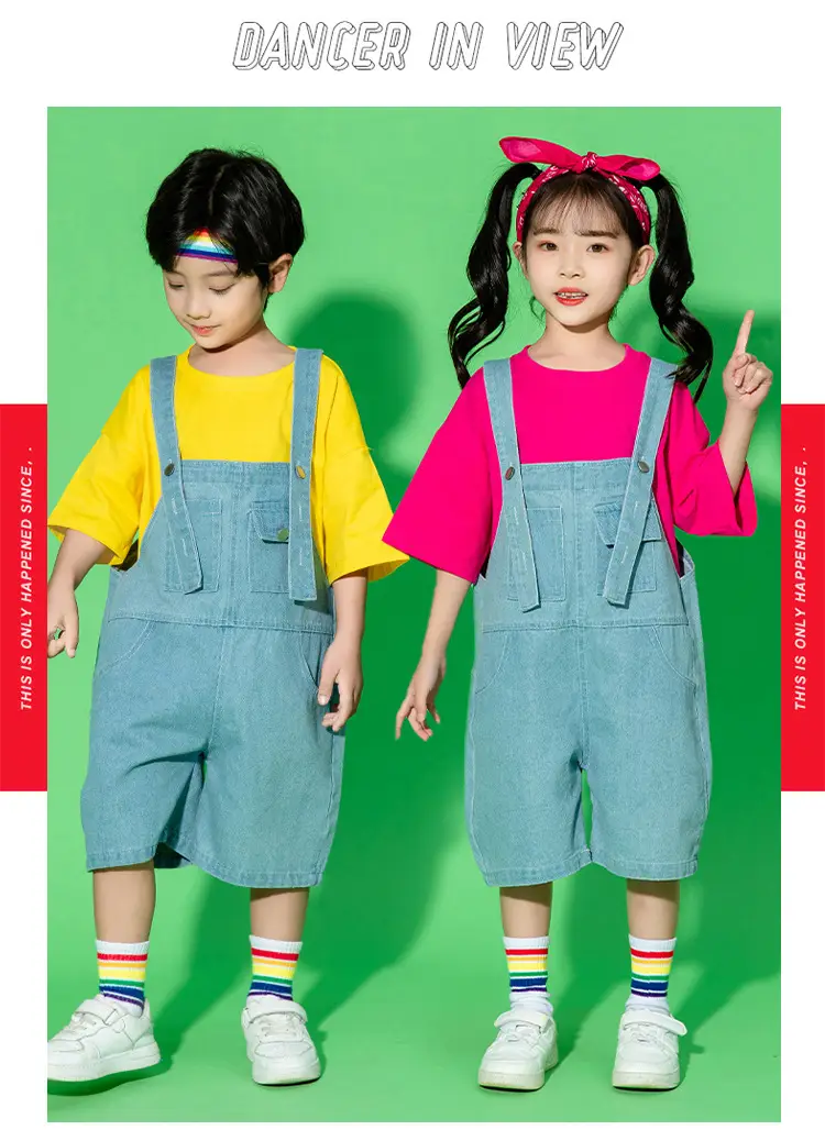 Children's Hip Hop Overalls Set Purple T-Shirt Blue Shorts — feature 19