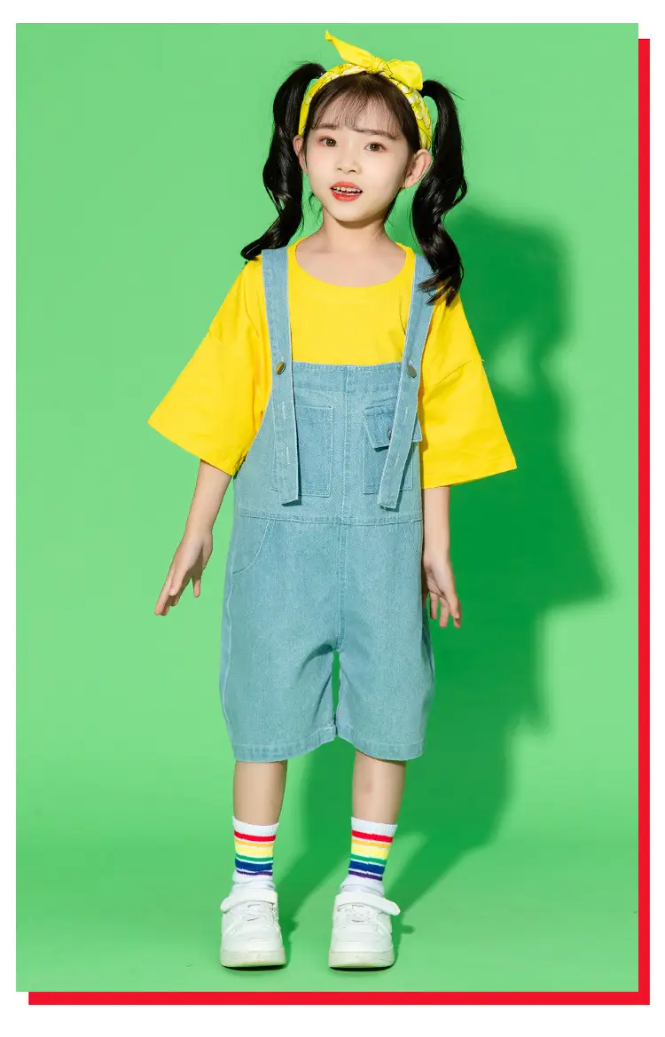 Children's Hip Hop Overalls Set Purple T-Shirt Blue Shorts — feature 21
