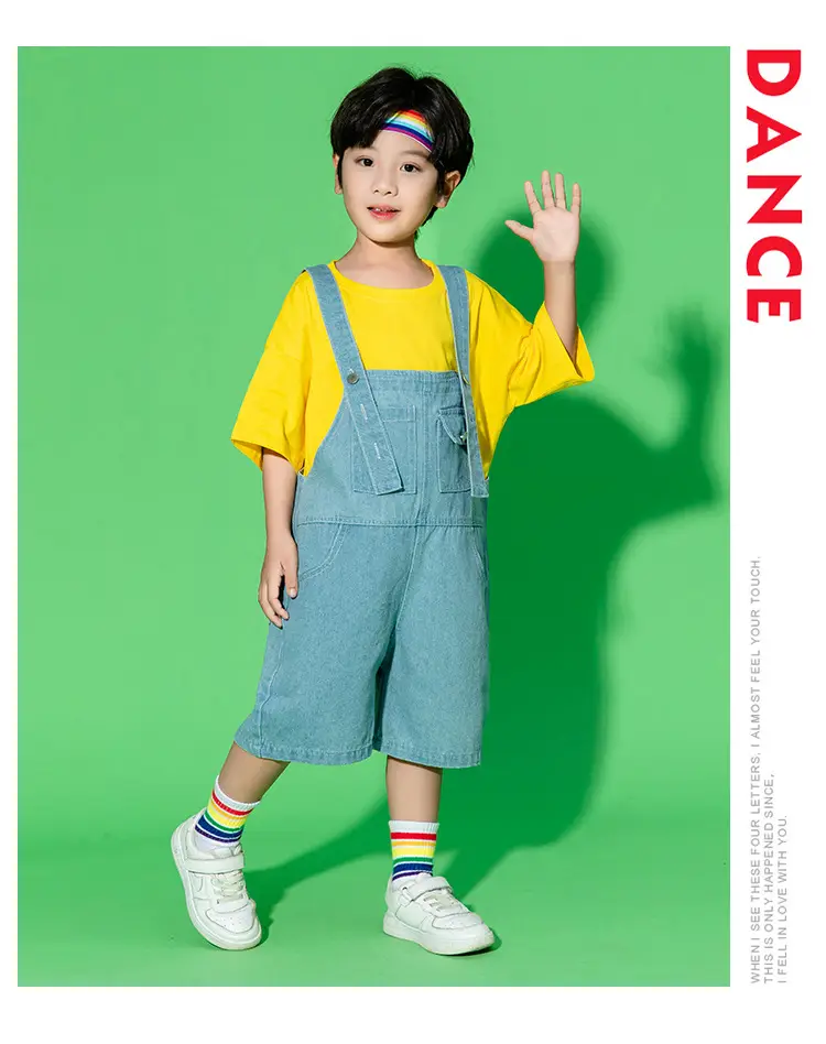 Children's Hip Hop Overalls Set Purple T-Shirt Blue Shorts — feature 23