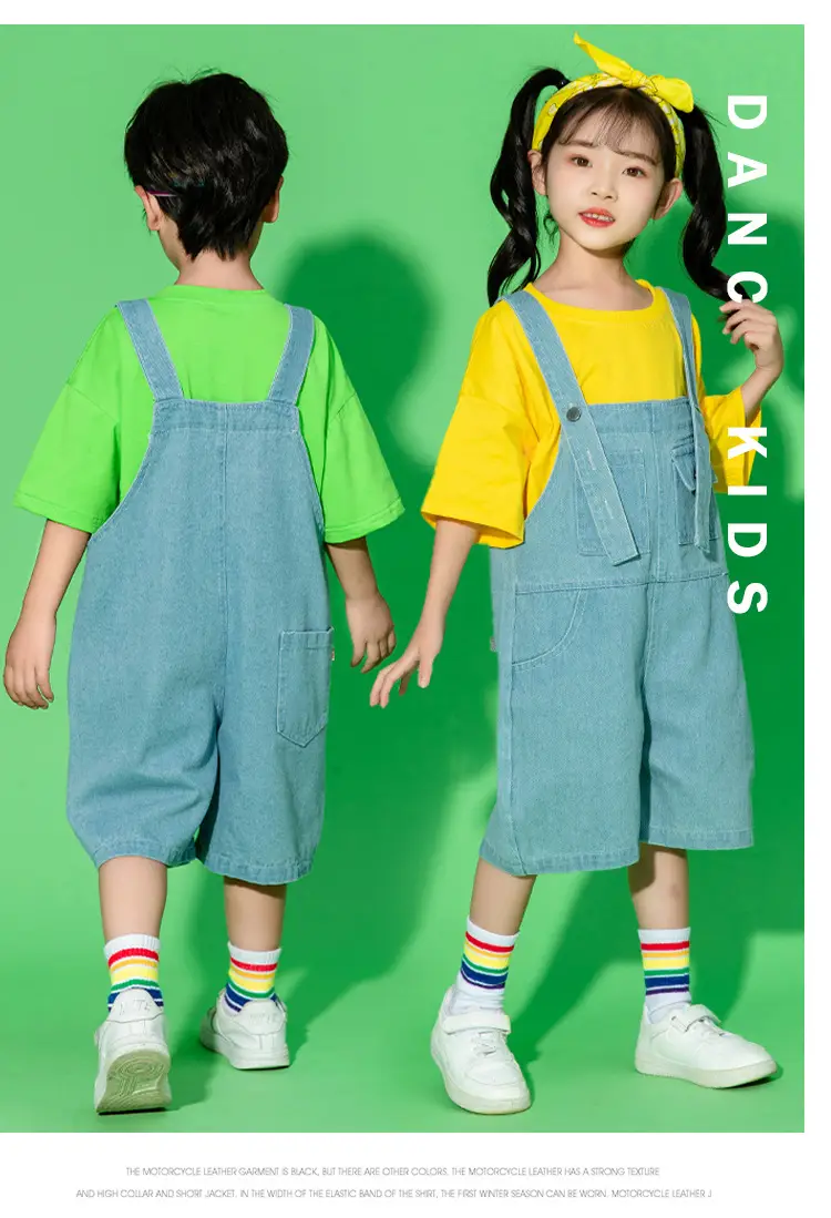 Children's Hip Hop Overalls Set Purple T-Shirt Blue Shorts — feature 24