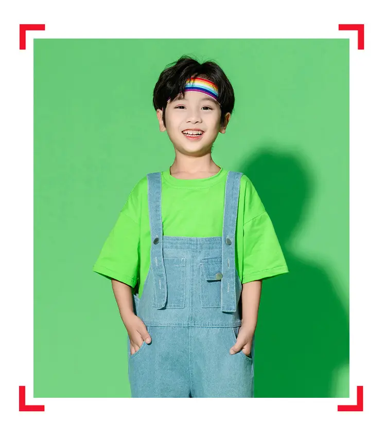 Children's Hip Hop Overalls Set Purple T-Shirt Blue Shorts — feature 26