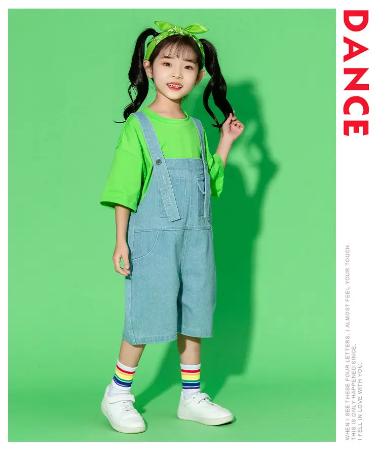 Children's Hip Hop Overalls Set Purple T-Shirt Blue Shorts — feature 28