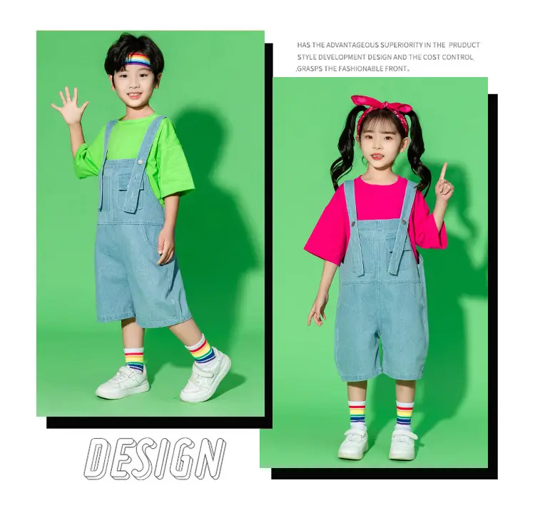 Children's Hip Hop Overalls Set Purple T-Shirt Blue Shorts — feature 7