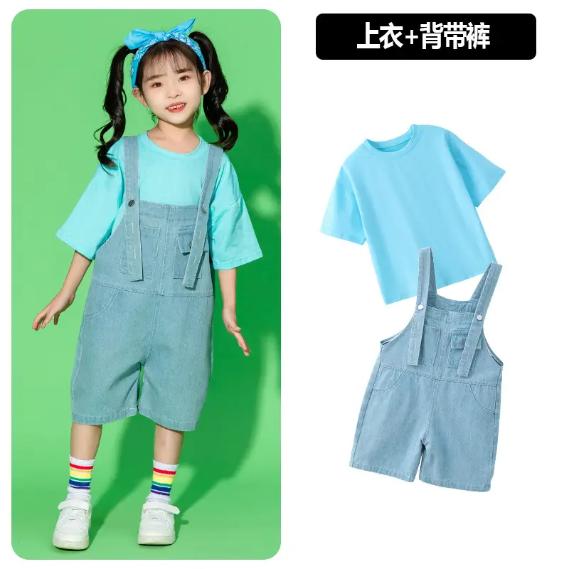Children's Hip Hop Overalls Set Purple T-Shirt Blue Shorts