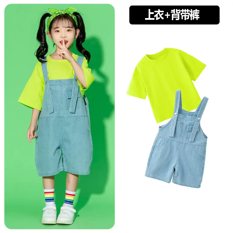 Children's Hip Hop Overalls Set Purple T-Shirt Blue Shorts