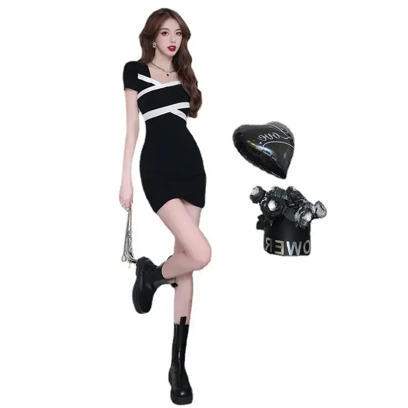 Sweet Hot Girl Black Short Sleeve Dress with Boots - Image 5