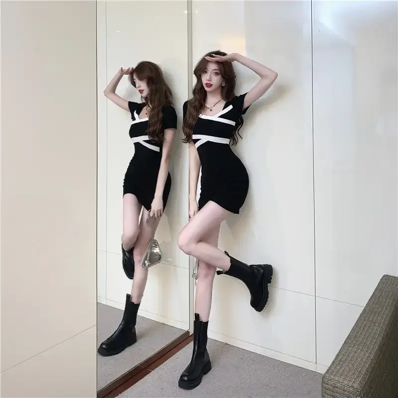 Sweet Hot Girl Black Short Sleeve Dress with Boots — feature 10