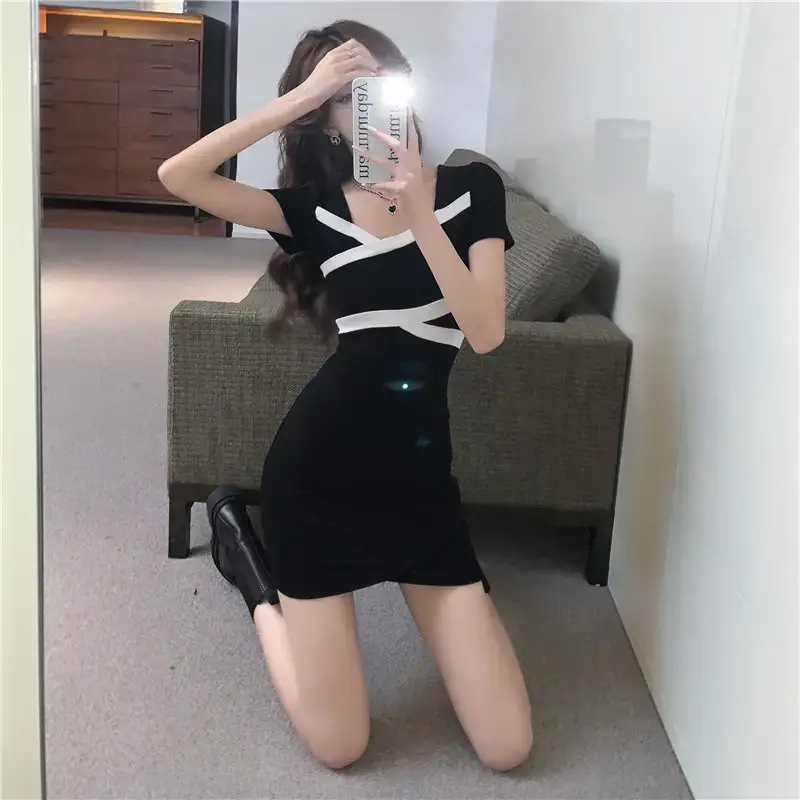 Sweet Hot Girl Black Short Sleeve Dress with Boots — feature 8