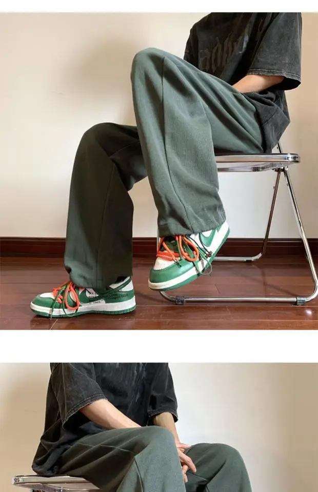 Men's Green Loose Straight Wide Leg Pants Spring Autumn — feature 3