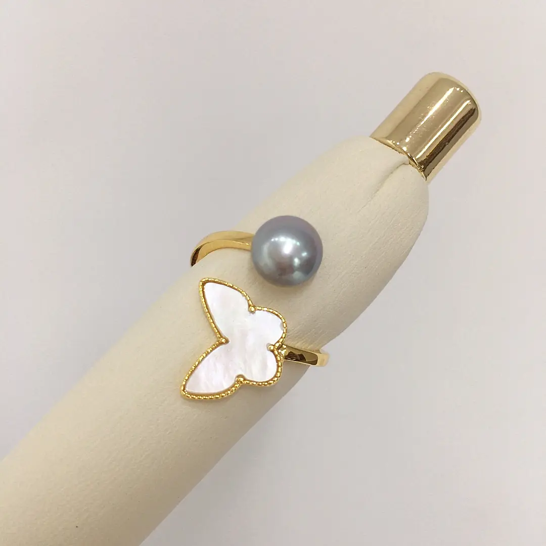 18K Gold Butterfly Pearl Ring for Women