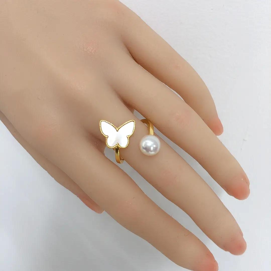 18K Gold Butterfly Pearl Ring for Women