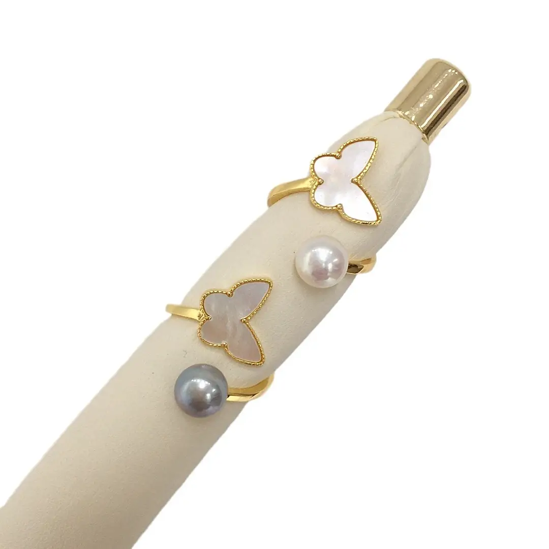 18K Gold Butterfly Pearl Ring for Women