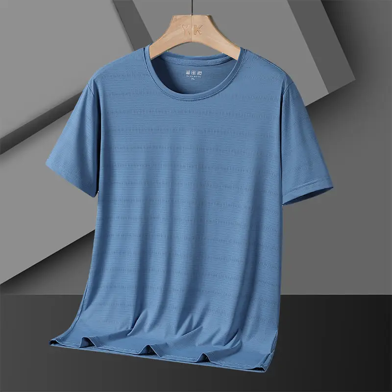 Men Ice Silk T Shirt Teal Short Sleeve Loose Fit - Image 5