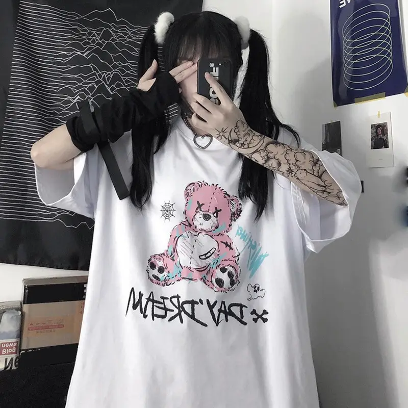 Women Black Cartoon Bear Printed T-Shirt Short Sleeve Summer - Image 2