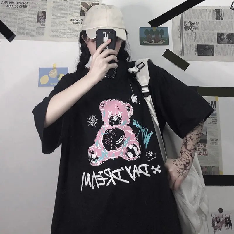 Women Black Cartoon Bear Printed T-Shirt Short Sleeve Summer - Image 3