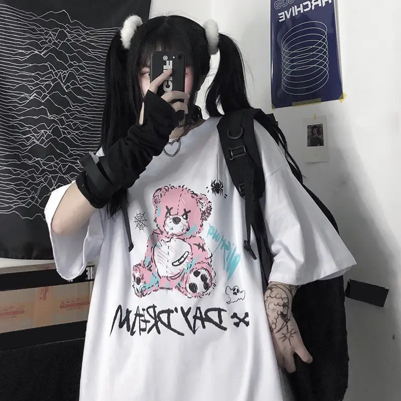 Women Black Cartoon Bear Printed T-Shirt Short Sleeve Summer - Image 4